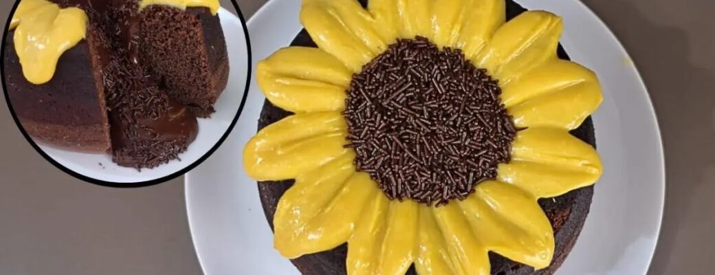 Receita De Bolo Vulcão Girassol Com Cobertura Cremosa E Recheio De Chocolate!...